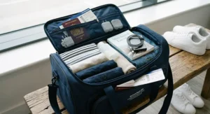 Open underseat holdall neatly packed with clothes and travel essentials for a weekend trip