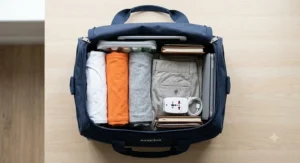 Overhead view of folded clothes and travel essentials packed neatly into a small underseat bag for easyJet.