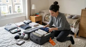 Packing clothes into a compact underseat cabin bag designed to fit easyJet free hand luggage allowance.