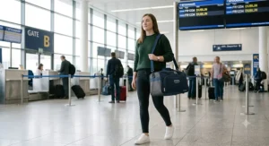 A traveller carrying a lightweight underseat holdall over their shoulder in a UK airport terminal
