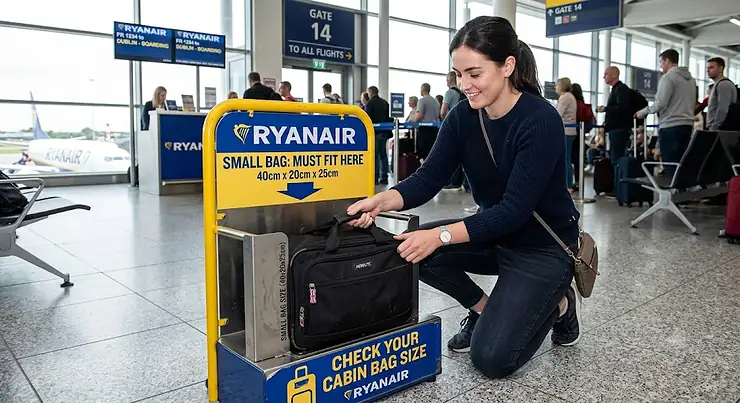 A traveller checking a soft underseat cabin bag against the Ryanair small hand luggage size gauge at a UK airport.