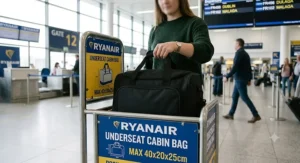 Testing a black underseat holdall in the Ryanair 40x20x25cm baggage sizer at the airport