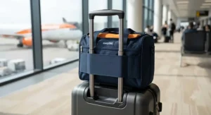 A small underseat bag for easyJet attached to a suitcase handle using its built-in trolley sleeve.