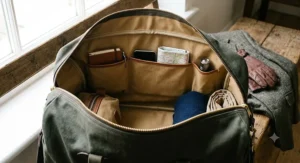 Open main compartment of a spacious canvas holdall showing neat interior pockets