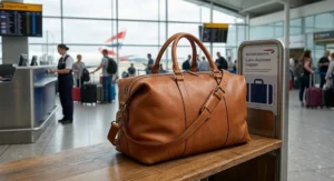 Classic tan leather holdall designed as British airline cabin-approved luggage