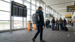 Traveller walking through a UK airport terminal wearing an ergonomic underseat backpack for flights.