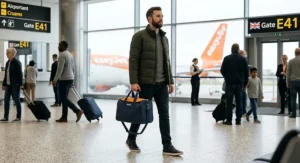 Traveller walking through a UK airport terminal holding a compact small underseat bag for easyJet.