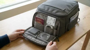 Front pocket organisation of an underseat backpack for flights with passport, boarding pass, and charger.