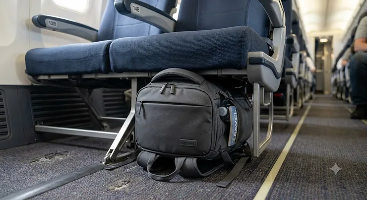 A grey underseat backpack for flights stowed neatly beneath an aeroplane cabin seat.