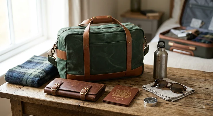 Compact underseat bag for a weekend trip placed alongside travel essentials on a wooden surface.