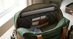 Padded protective pocket inside an underseat bag for a weekend trip holding a laptop and travel documents.
