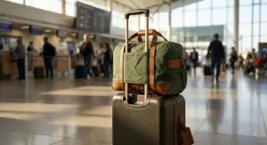 Underseat bag for a weekend trip featuring a trolley sleeve attached to a rolling suitcase handle.