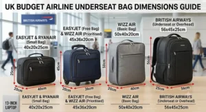 Diagram showing underseat cabin bag dimensions matching UK budget airline hand luggage limits.