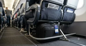 A black underseat cabin bag stowed neatly under the seat in front on a British Airways flight.