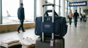 Underseat holdall attached to the telescopic handle of a cabin suitcase using its trolley sleeve