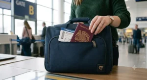 A traveller retrieving a UK passport from the quick-access front pocket of a Ryanair underseat holdall