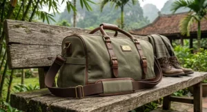 Unisex canvas holdall with a padded detachable shoulder strap displayed on a wooden bench