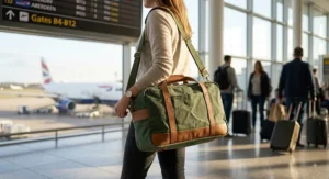 Traveller carrying a stylish underseat bag for a weekend trip using an adjustable shoulder strap.