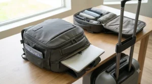Water-resistant underseat backpack for flights featuring a padded laptop compartment and luggage strap.
