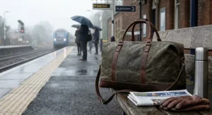Water-resistant waxed canvas holdall shedding raindrops on a misty UK train platform