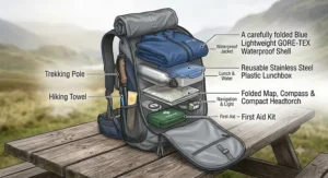 Illustration showing waterproof jackets, lunch, and walking accessories packed neatly inside a 25-litre waterproof daypack.