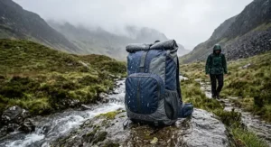 Illustration of a waterproof daypack resisting heavy downpours during a trek across the Scottish Highlands.