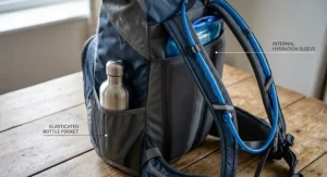 Detailed view of an elasticated side water bottle pocket and hydration reservoir sleeve on a waterproof daypack.