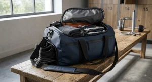 Durable waterproof holdall bag designed for gym sessions and sports gear, shown with water-resistant fabric details.