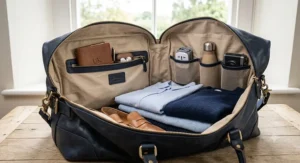 Open view of a spacious women's large holdall bag showing organised internal zipped pockets and lining