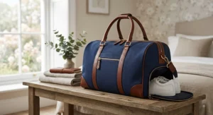 Elegantly designed women's canvas holdall bag in navy blue, featuring premium brass zips and a dedicated shoe compartment.
