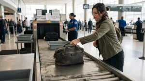 Passenger removing a laptop from a laid-flat anti-theft laptop backpack at airport security