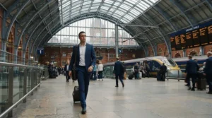 Professional walking through a busy British railway station carrying an anti-theft laptop backpack