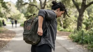Traveller accessing a secret pocket on the back panel of an anti-theft laptop backpack