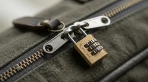 Detail shot of combination lock securing the zips on an anti-theft laptop backpack