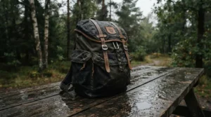 Water-resistant anti-theft laptop backpack in the rain outside a British cafe