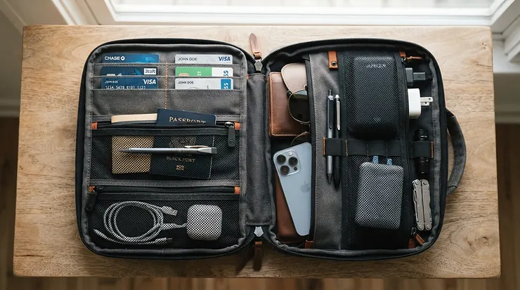 Demonstration of RFID blocking card slots inside an anti-theft laptop backpack