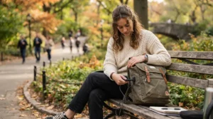 Student plugging a power bank into the external USB port of an anti-theft laptop backpack