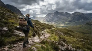 A hiker carrying the best waterproof holdall along a rugged trail in the Scottish Highlands