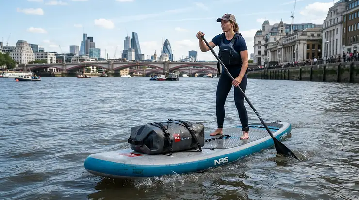 The best waterproof holdall stored securely on a paddleboard on the River Thames