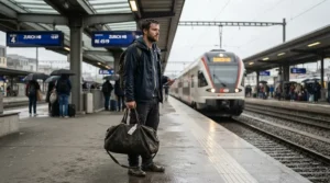 A commuter carrying the best waterproof holdall as a practical waterproof travel bag at a railway platform