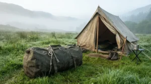 The best waterproof holdall functioning as a weatherproof holdall outside a tent in the countryside