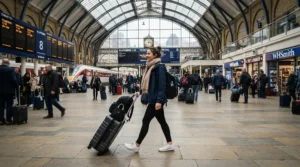 A person pulling a best wheeled holdall across a London railway station concourse