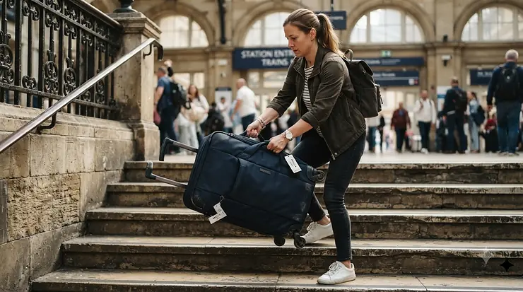 Showing the carry handles on a best wheeled holdall for lifting up steps