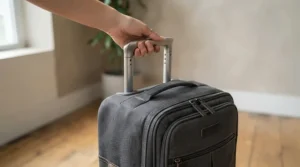 Close-up of a telescopic handle being pulled up on a best wheeled holdall