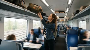 Stashing a black lightweight holdall for gym essentials onto an overhead train luggage rack.