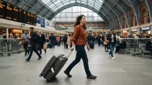Traveller pulling a wheeled holdall for sports kit across a London railway platform