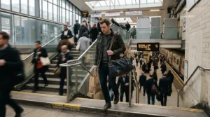 Commuter wearing a blue lightweight holdall for gym workouts across their body with a shoulder strap.