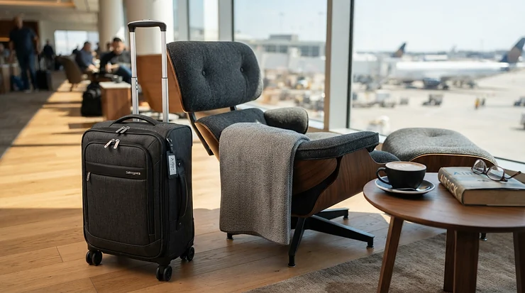 A sleek business travel bag for men resting beside a comfortable seat in an airport executive lounge.