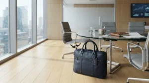 A professional business travel bag for men sitting on the floor during a corporate office meeting.