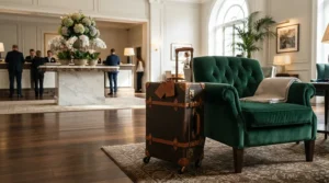 A stylish business travel bag for men placed beside a leather armchair in a contemporary hotel lobby.